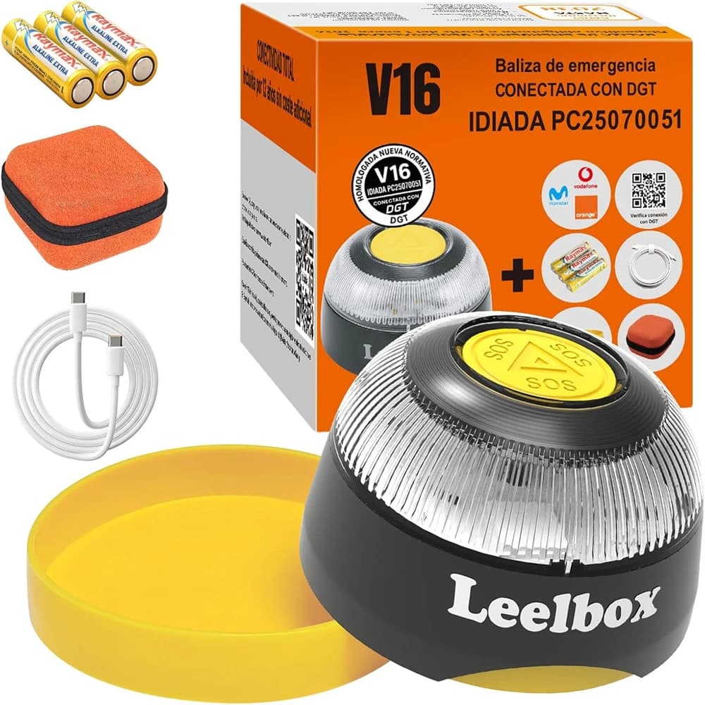LEELBOX Baliza V16 Geolocalización DGT 3.0 | Led Conexíon | Bateria | GPS Homologada por DGT [SIM y Datos Pagados hasta 2038]