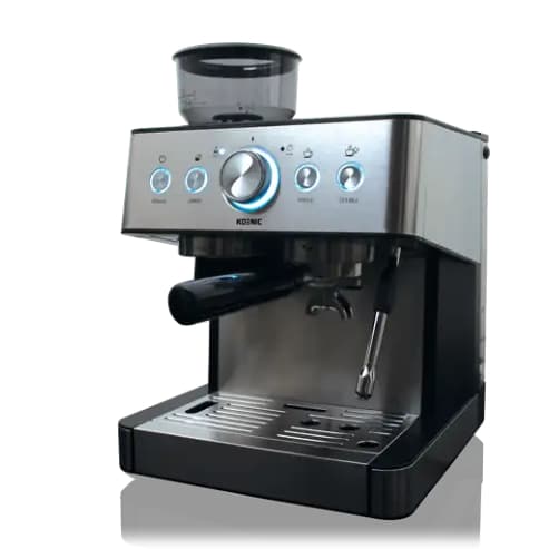Cafetera express - KOENIC KEM 21524 M, 15 bar, 1650 W, 2 Tazas, Espumador, Botón Grind, Plata