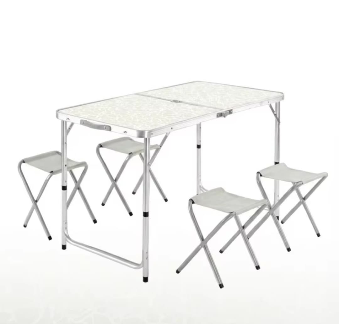 Mesa de Camping Plegable Tipo Maletín | Juego de Mesa y 4 Taburetes | Altura Regulable | Set Portátil para Picnic, BBQ y Jardín