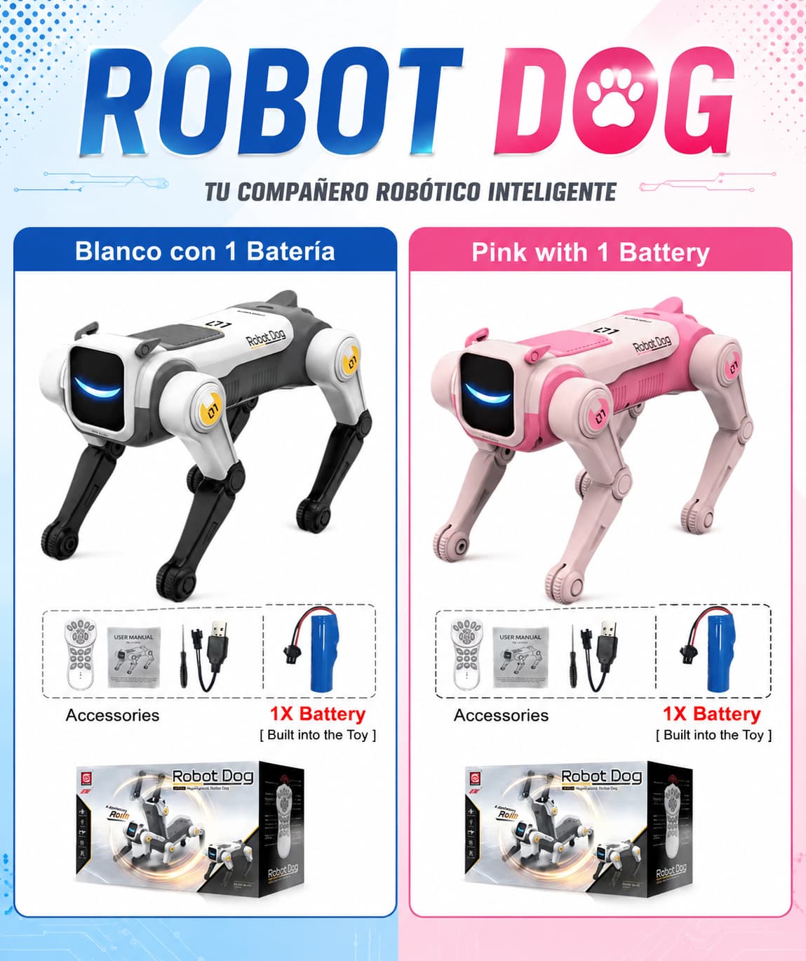 Perro Robot Mecánico RC Inteligente con IA, Comandos de Voz, Programable, Canta, Baila, Acrobacias Electrónicas con 1 batería, 2colores