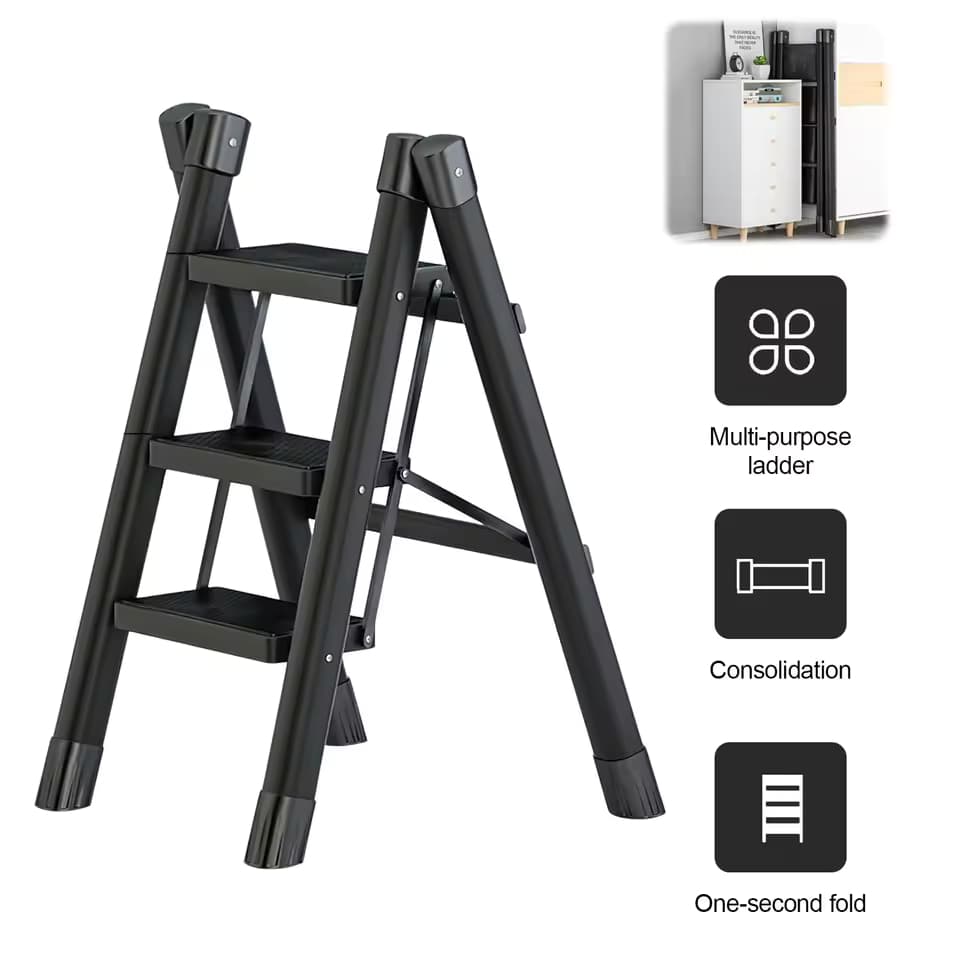 Escalera Plegable de 3 Peldaños Reforzada de Acero al Carbono, Capacidad de Carga de 120 kg
