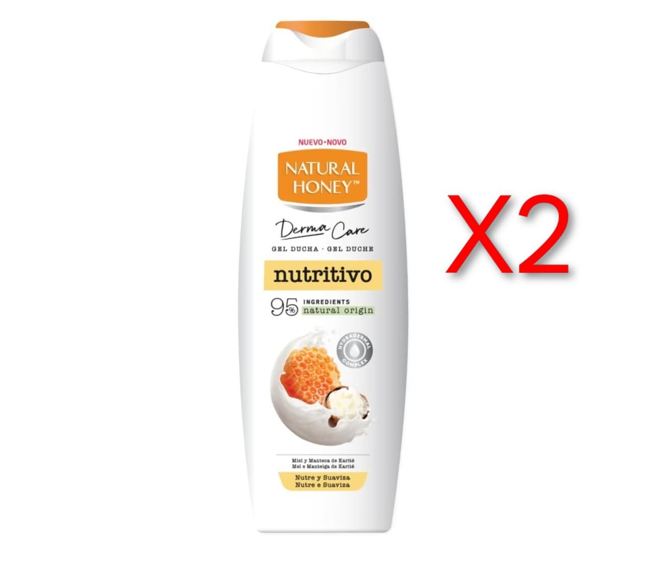 X2.Natural Honey,Gel de Ducha Nutritivo con Miel Natural, Manteca de Karité y Hydradermal Complex, Fórmula Cremosa, Línea Derma Care, 650 ml