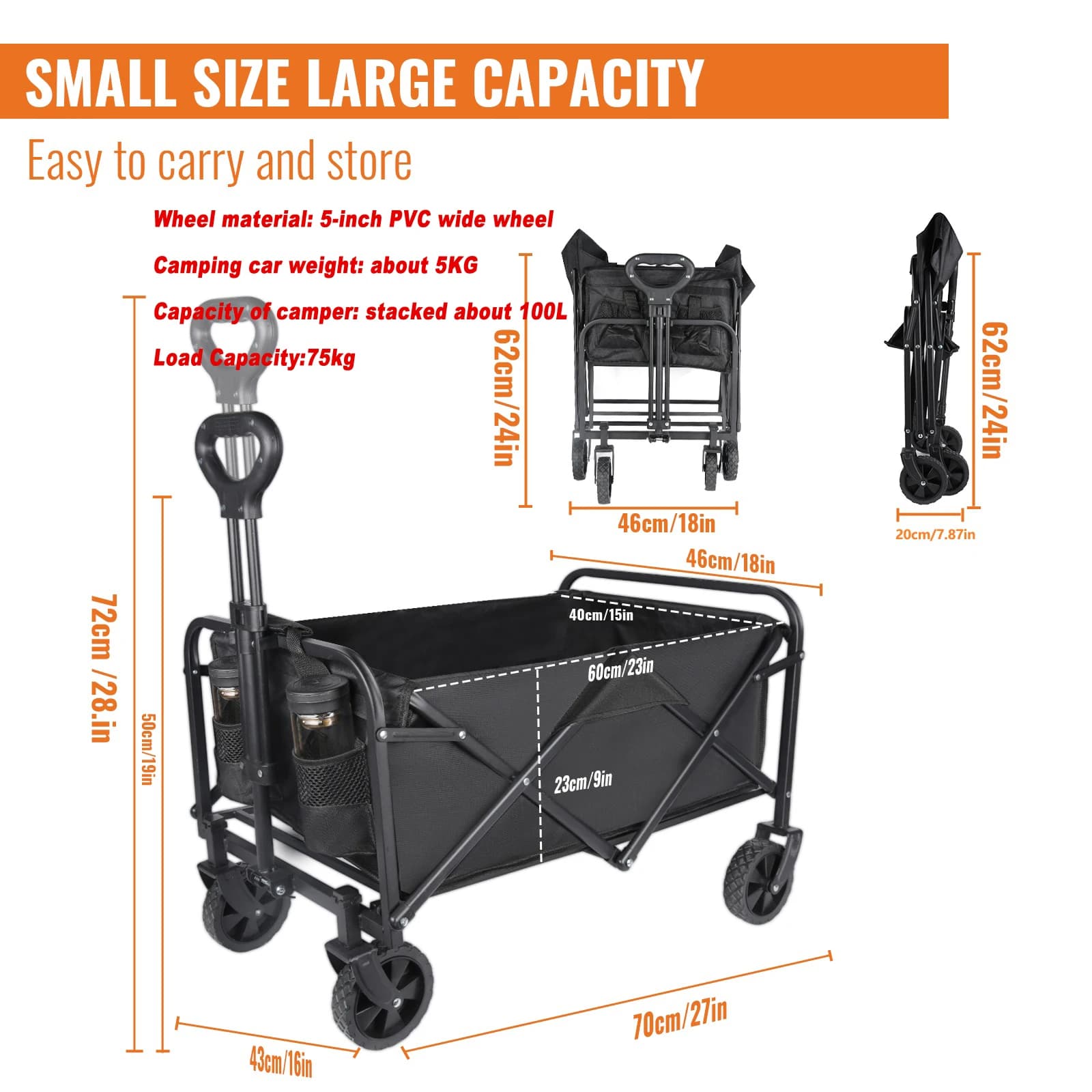 Carro Plegable de Gran Capacidad, Resistente, para Camping, Playa, Compras y Jardín, con Tela Oxford 600D