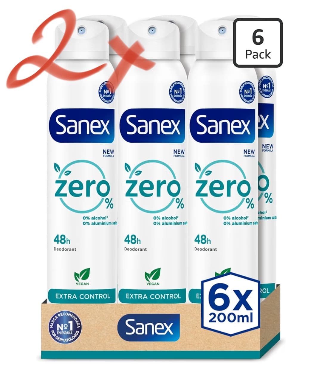12 x Sanex Zero% Extra Control SIN ALUMINO Desodorante Spray, Protección 48H, 0% Alcohol y 0% Sales de Aluminio, Antibacteriano 12 X 200 ml