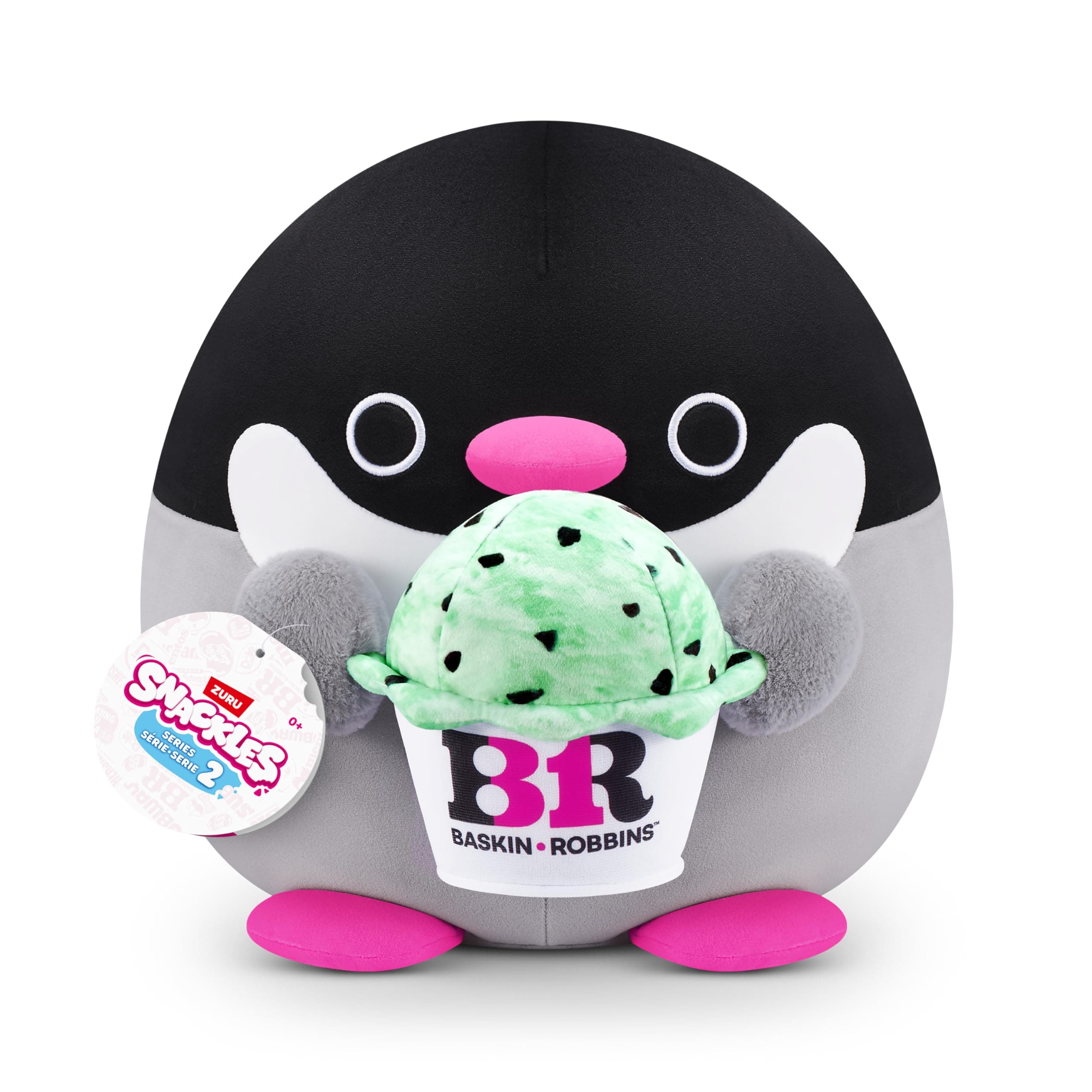 Snackles Serie 2 de 20cm Snackle de ZURU muñeco blandito y achuchable de Peluche 20cm con Accesorio de Snack de Marca, Penguin Baskin Robbin