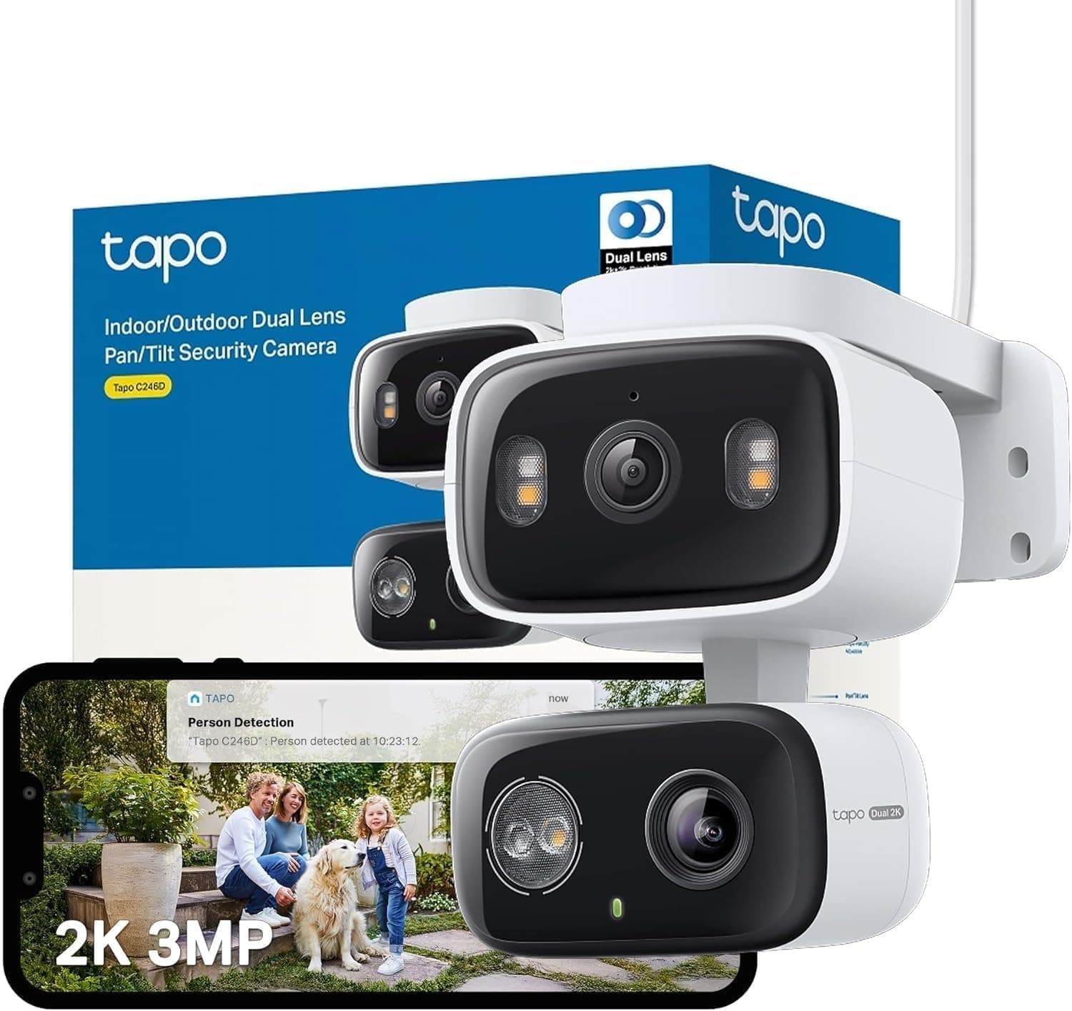 Tapo C246D - Cámara de Vigilancia Interior/Exterior 360º, Doble Lente 2K