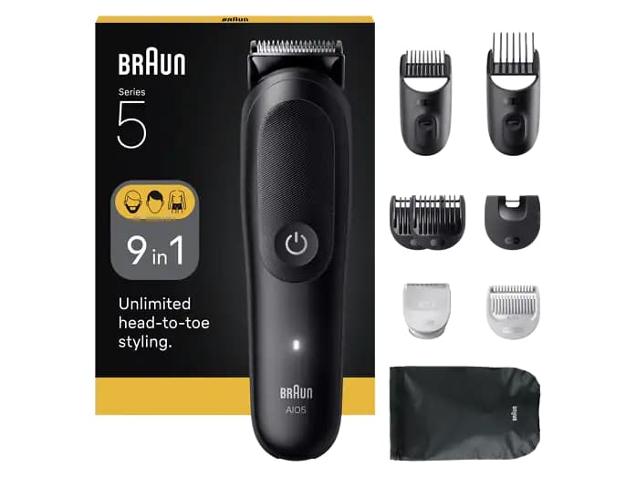 Afeitadora multifunción - Braun Todo En Uno Series 5 AIO5540, Kit De Styling 9 en 1, Lámina Afilada, 14 Longitudes, Barba, Pelo y Cuerpo