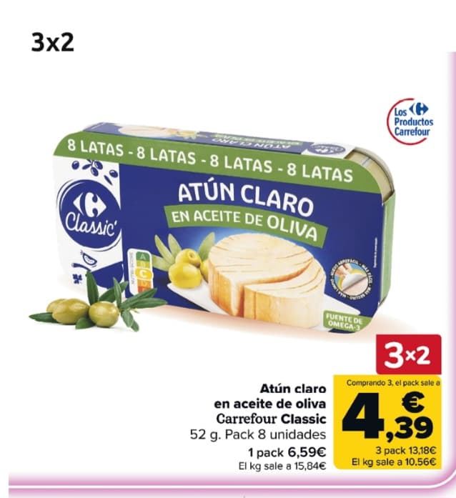 3x2 Atún claro en aceite de oliva Classic Carrefour pack de 8 latas de 52 g.