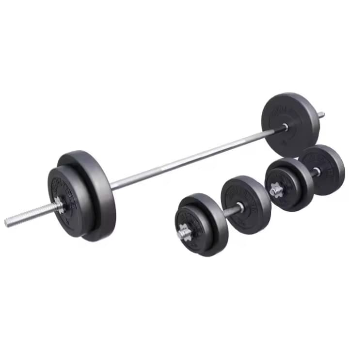 Gorilla Sports Set de Barra Larga y Discos de Pesas de Plástico 60kg