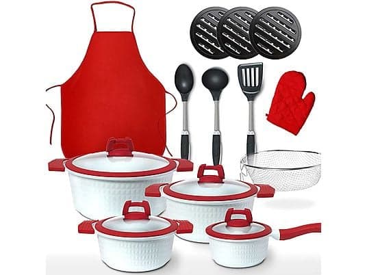 Batería de cocina - GRIDINLUX Elitechef Premium 22 Piezas, 6 l, Aluminio fundido, Blanco