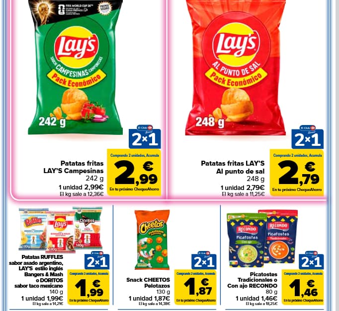 Lays Patatas Fritas varios sabores 100% devolución en Carrefour solo mañana (2x1 + 50% regalo)
