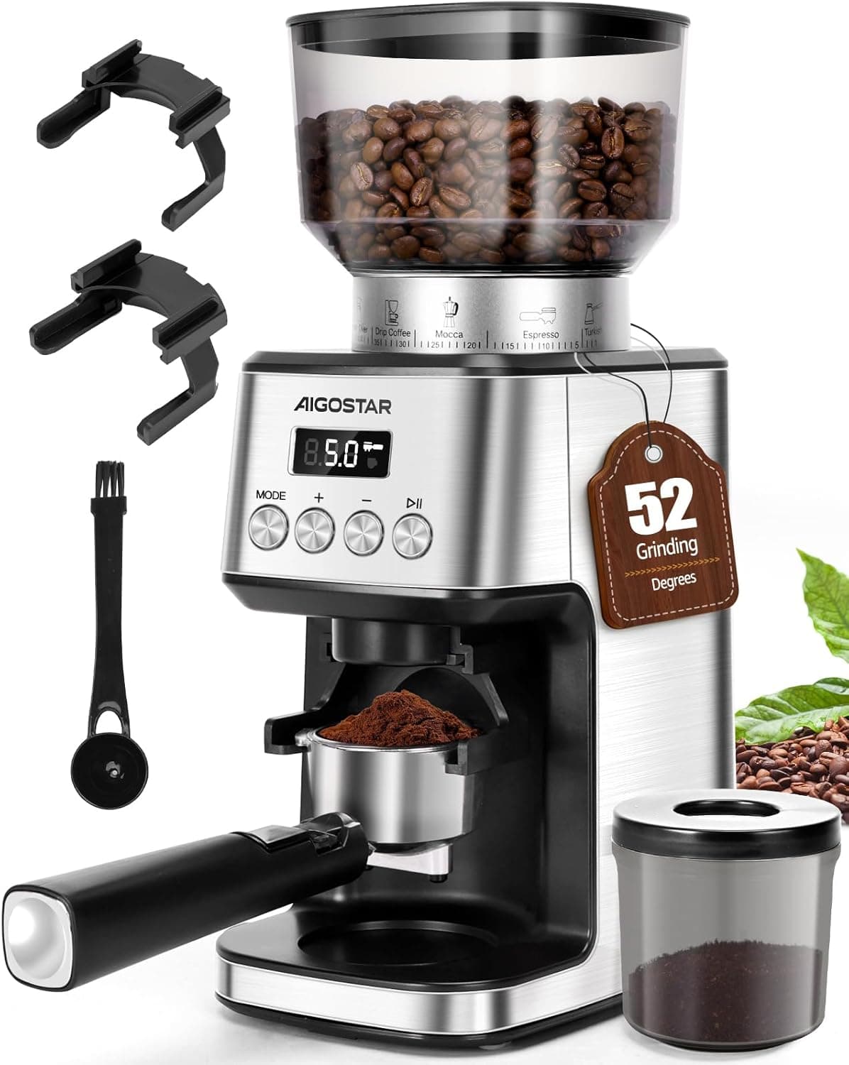 AIGOSTAR Molinillo de Café Eléctrico con Soporte Desmontable y Contenedor, 180W, Panel Táctil LCD, 52 Regulable de Molido Molinillo de Café