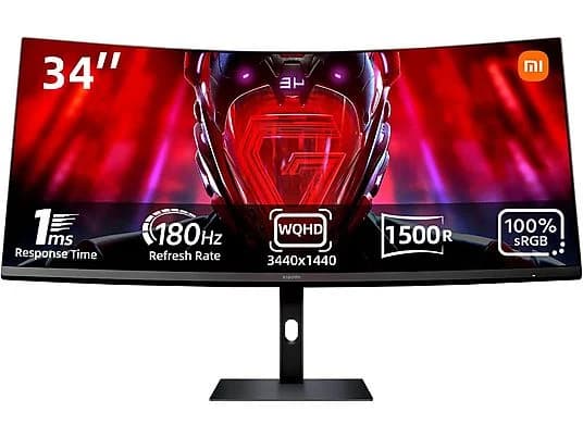 Monitor gaming - Xiaomi G34, 34", WQHD, 1 ms, 180 Hz, FreeSync, DisplayPort x2, HDMI x2, Negro
