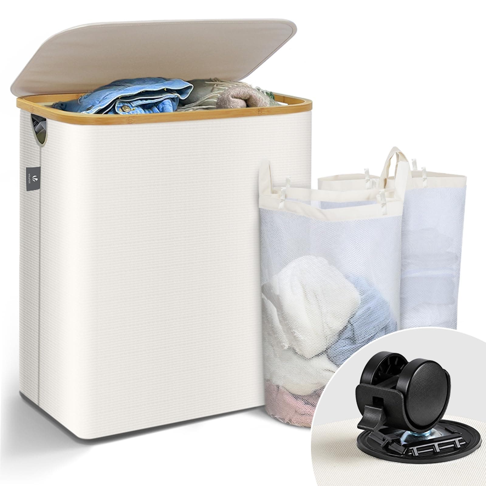 Cesto Ropa Sucia con Tapa 145L Cesta para la Colada Cubo Ropa Sucia Plegable con Ruedas Bolsas Interiores Extraíble Asas de Bambú
