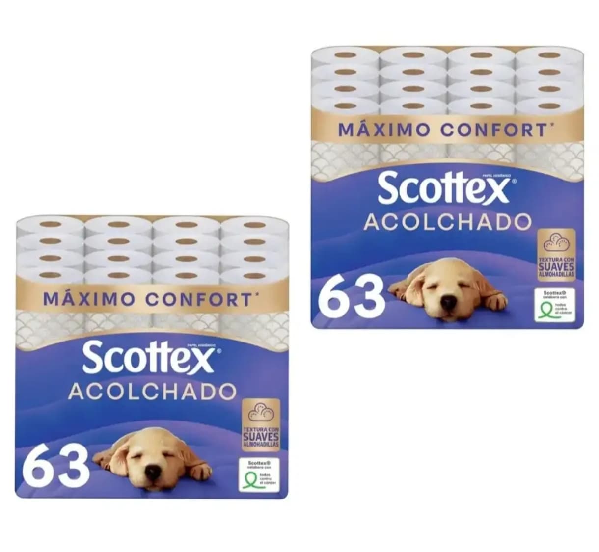 2 x Scottex Acolchado Papel Higiénico - 63 rollos (7 packs de 9 rollos) - Papel Higienico 3 capas [Total 126 rollos. Unidad 0'26€]