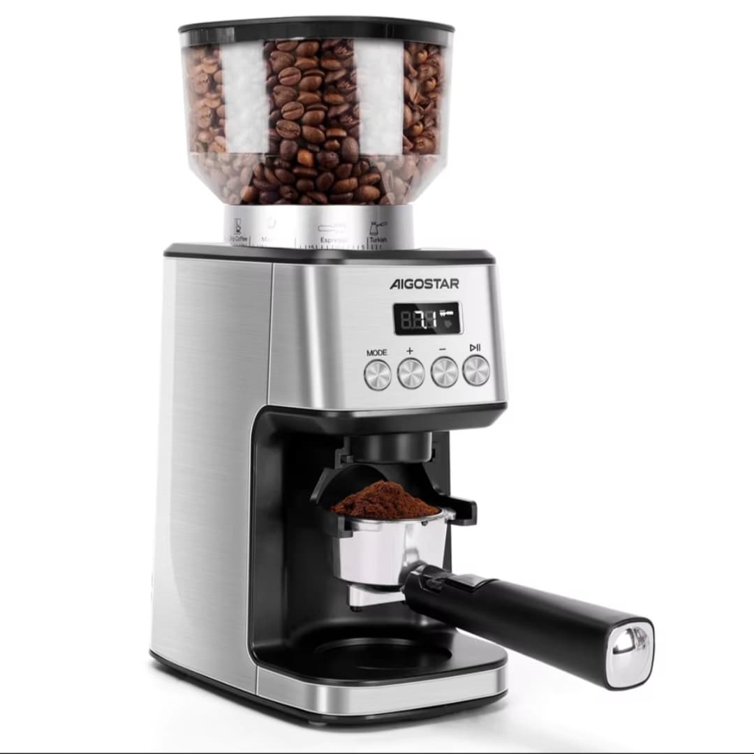 AIGOSTAR Molinillo de Café Eléctrico con Soporte Desmontable y Contenedor, 180W, Panel Táctil LCD, 52 Regulable de Molido Molinillo de Café