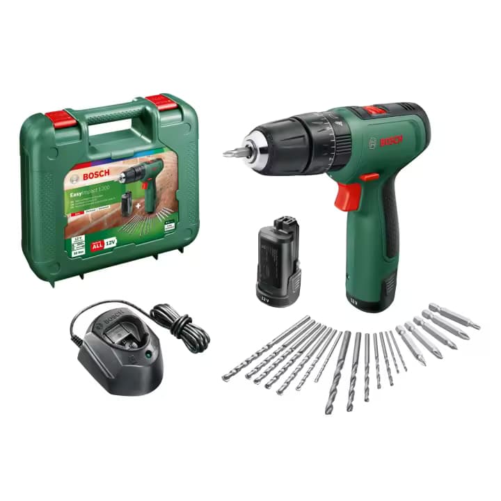 Bosch - Taladro percutor a batería EasyImpact 1200 con 2 baterías 1,5 Ah, Set de Brocas y puntas, 20 niveles de par y función LED