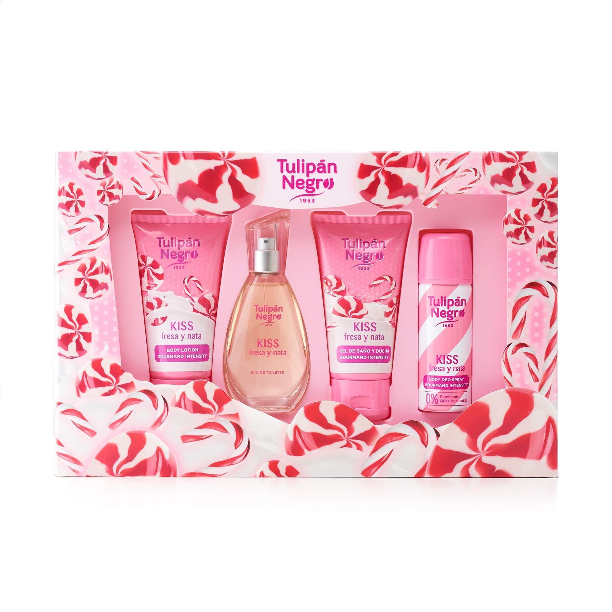 Tulipán Negro - Estuche Fresa y Nata, Colonia 50 ml + Loción Corporal 75 ml + Gel de Baño 75 ml + Desodorante Spray 50 ml