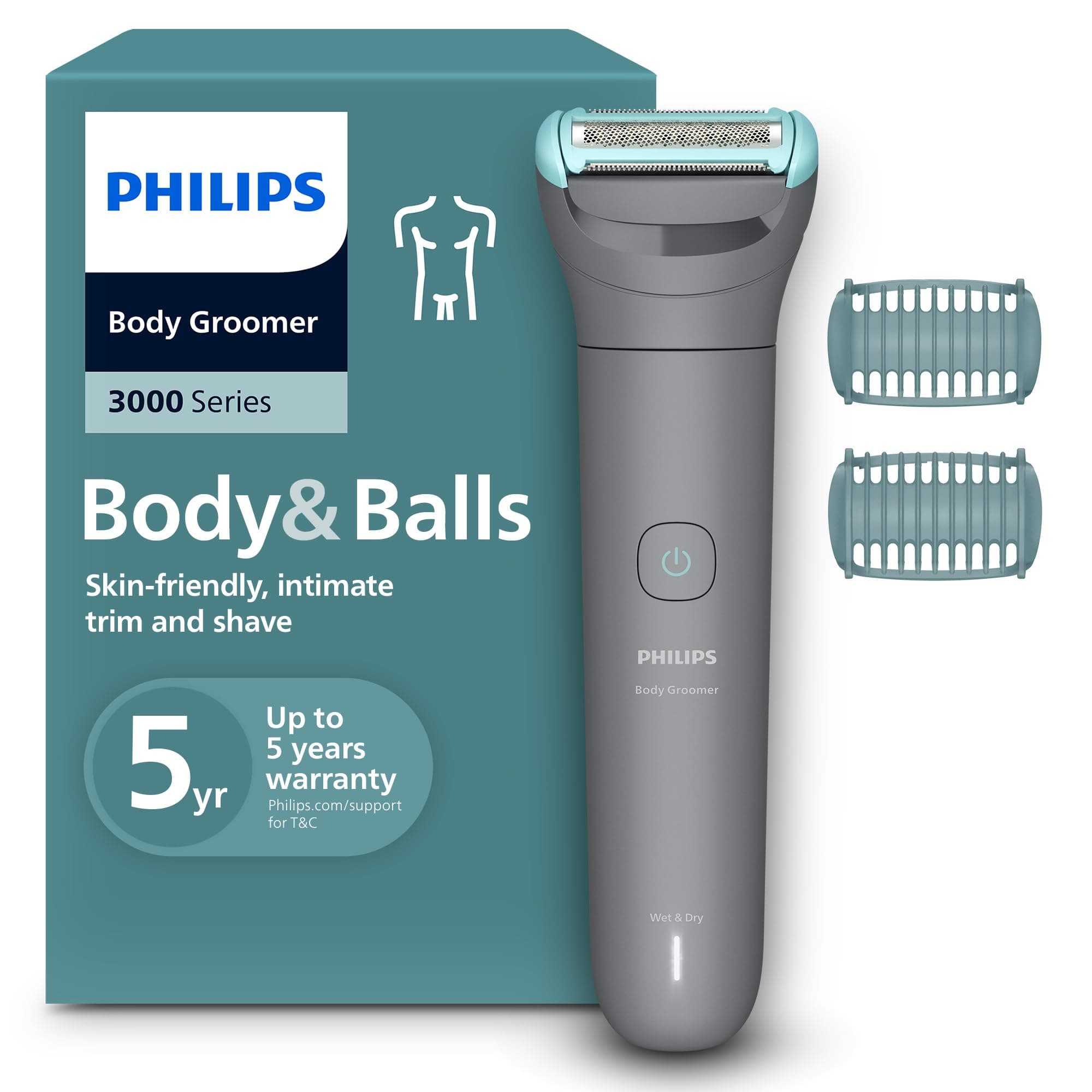 Philips Afeitadora Corporal series 3000 - Depiladora Masculina con sistema de protección, Recorta y depila zonas íntimas