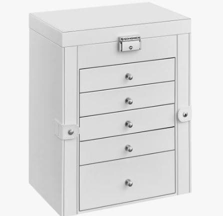 Caja Joyero de 6 Niveles. 5 cajones. Espejo. Cerradura. Color blanco.