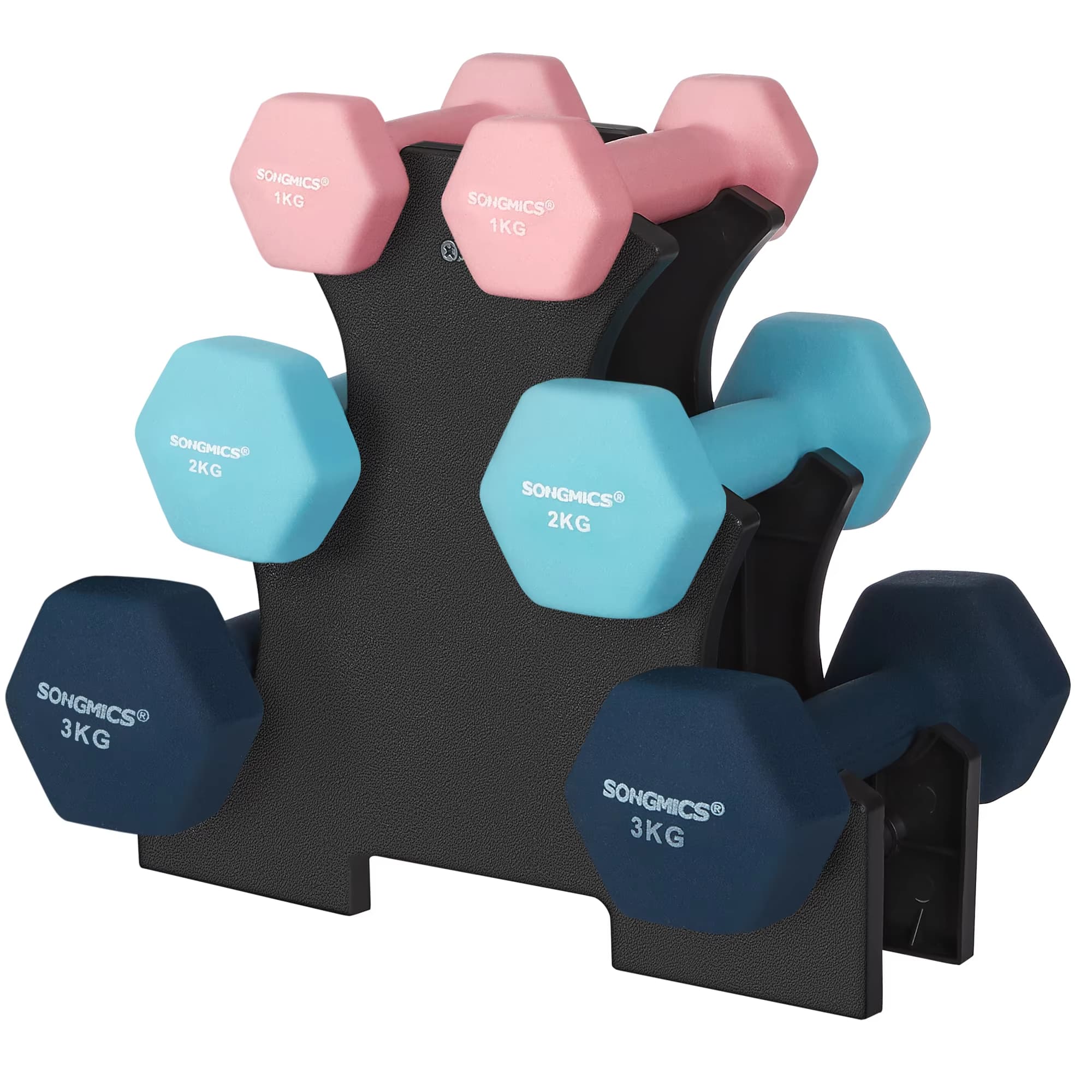 SONGMICS - Juego de mancuernas, 3 pares, 2 x 1 kg, 2 x 2 kg, 2 x 3 kg + Soporte