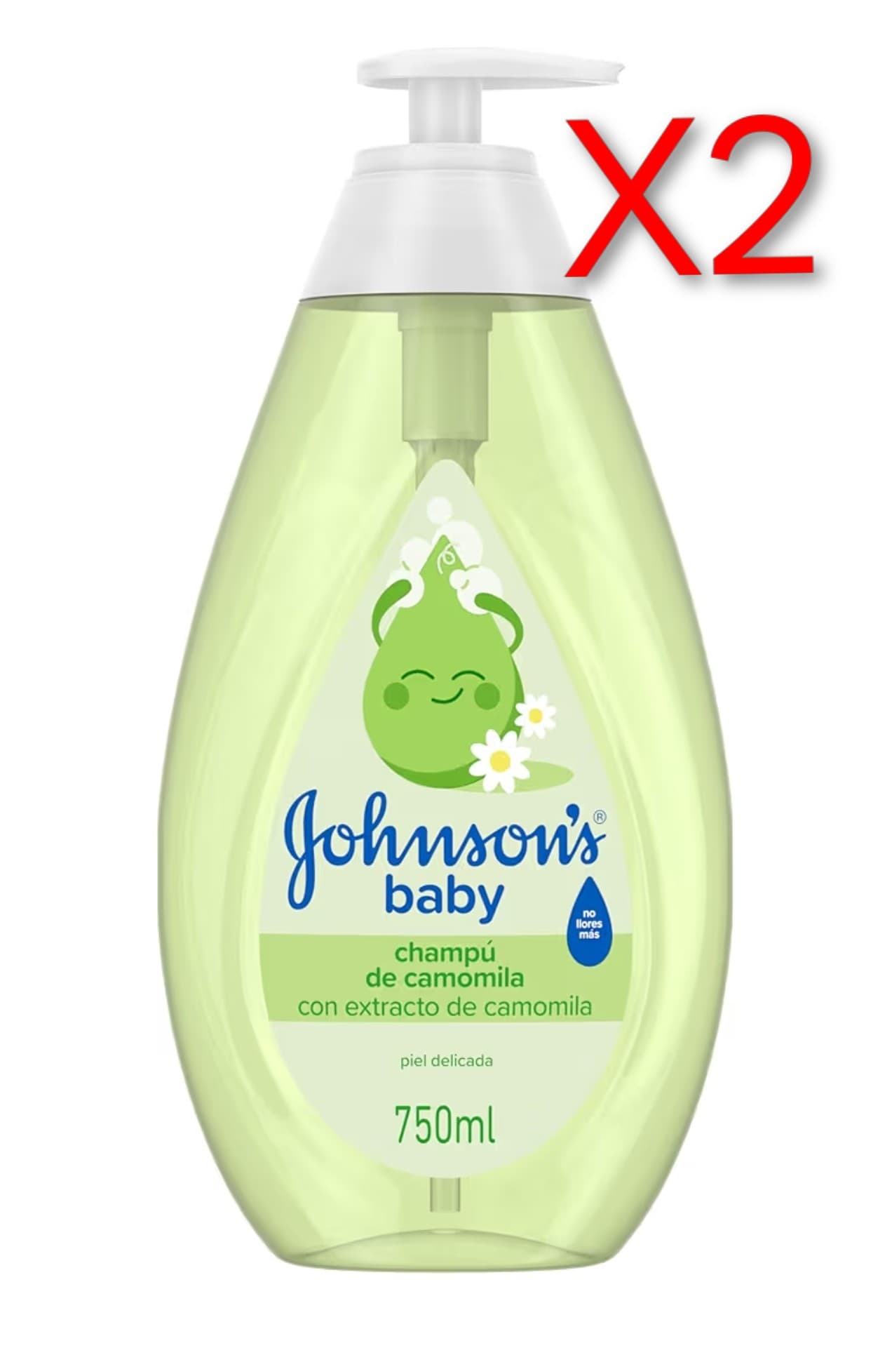 X2.Johnson's Baby Champú Camomila No Llores Más,Pelo Brillante,750 ml Apto para Recién Nacidos,Hipoalergénico, pH Equilibrado,Piel Delicada.