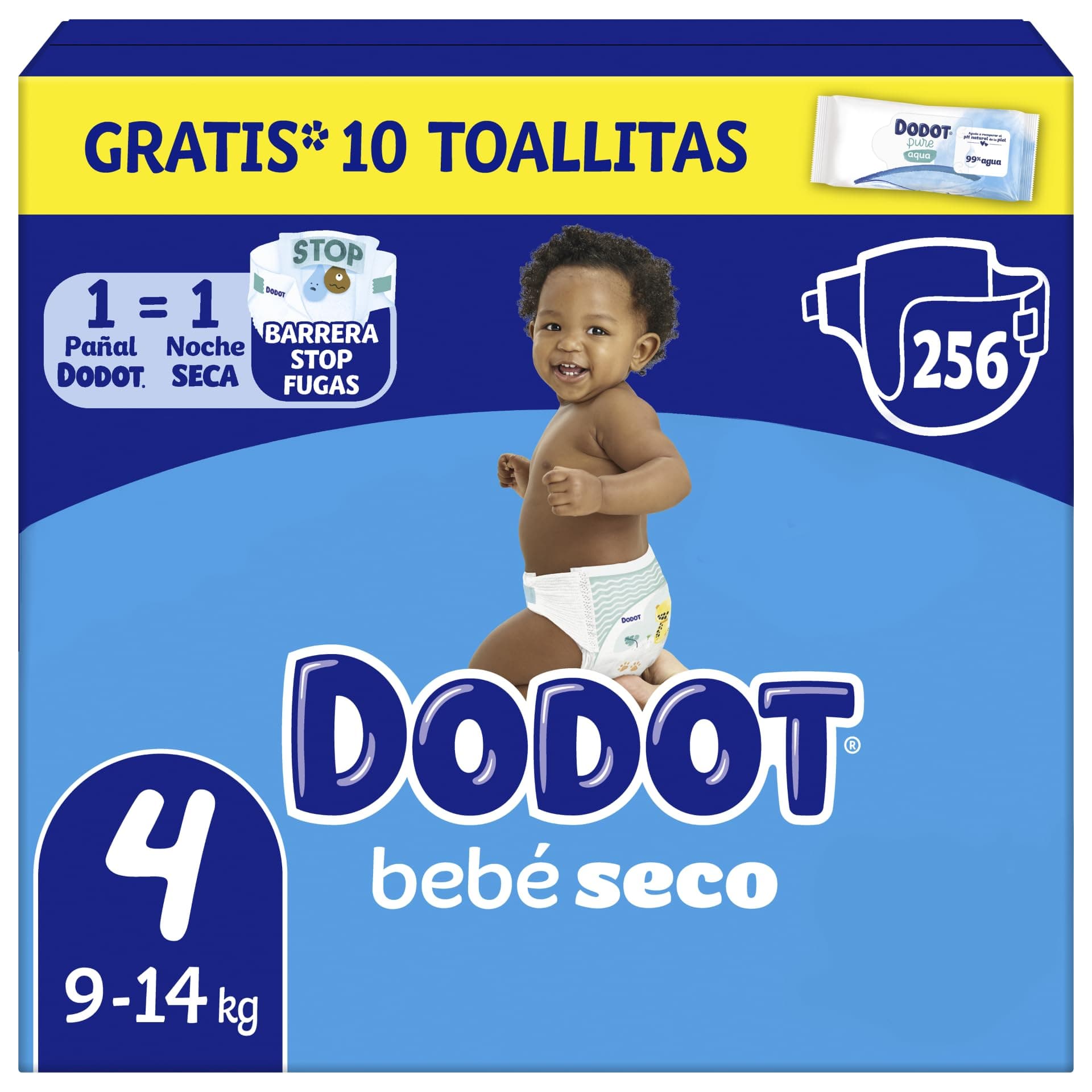 Dodot Pañales Bebé-Seco, Talla 4 (9-14 kg), 256 Pañales + 1 Pack de 10 Toallitas