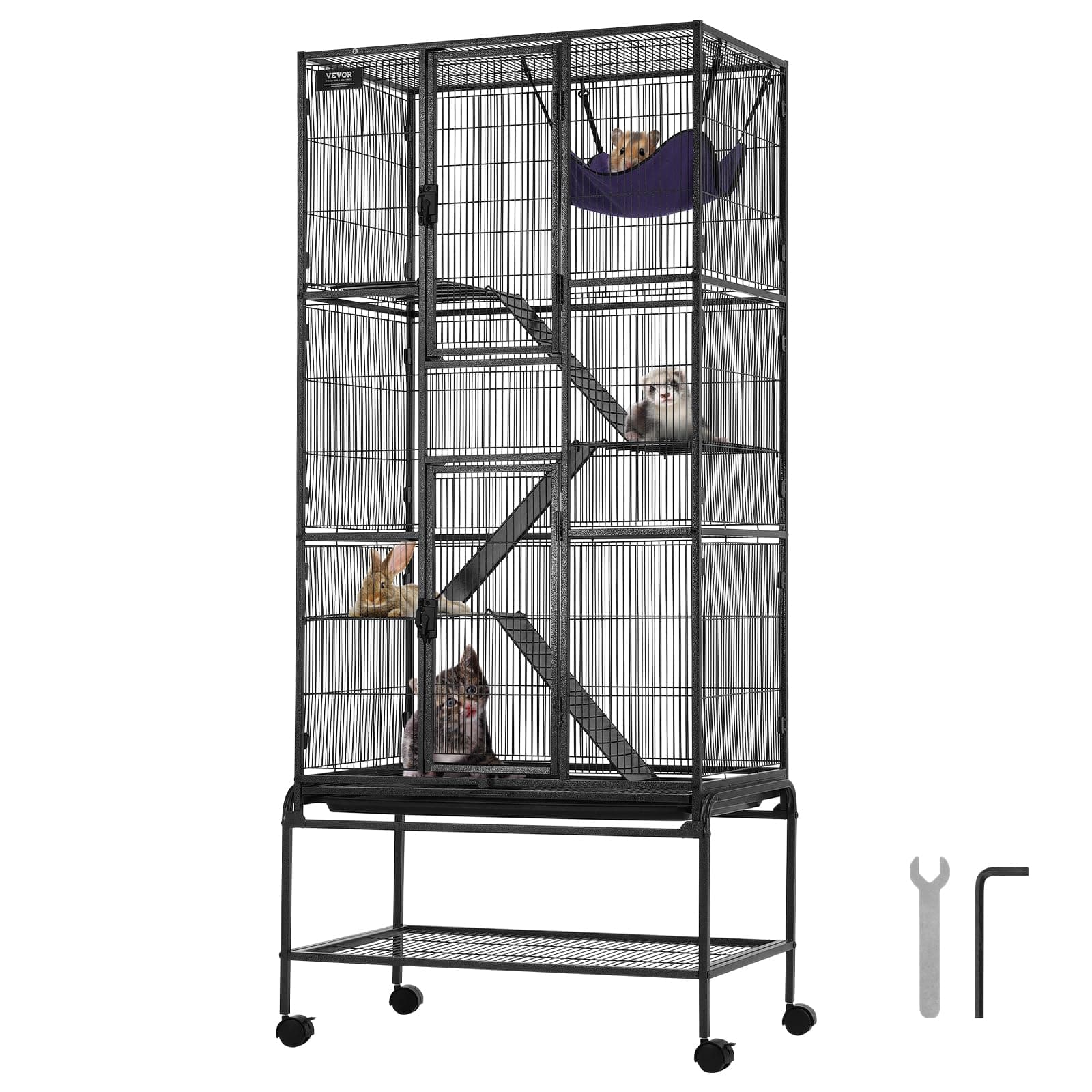 VEVOR Jaula para Hurones de Metal con Ruedas 1755 mm para Animales Pequeños de 4 Niveles con Rampa y Bandeja para Ratas,Hámster,Conejo