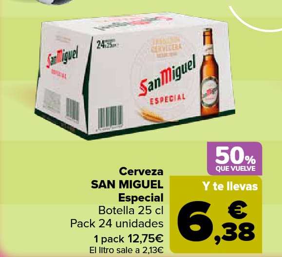 Acumula el 70% en Cerveza San MIguel 24x25cl del 3 al 5 de julio (pagas 12,75€ te devuelven 8,93€)