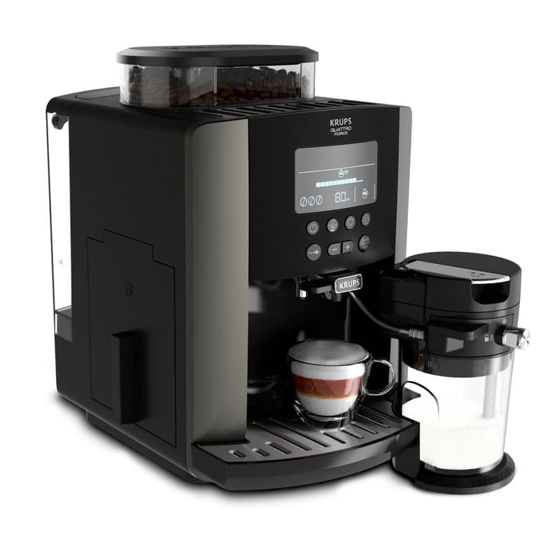 Cafetera Krups Arabica Latte EA819E10 (Automática espresso, jarra de leche, pantalla LCD, molinillo cónico, Quattro Force)