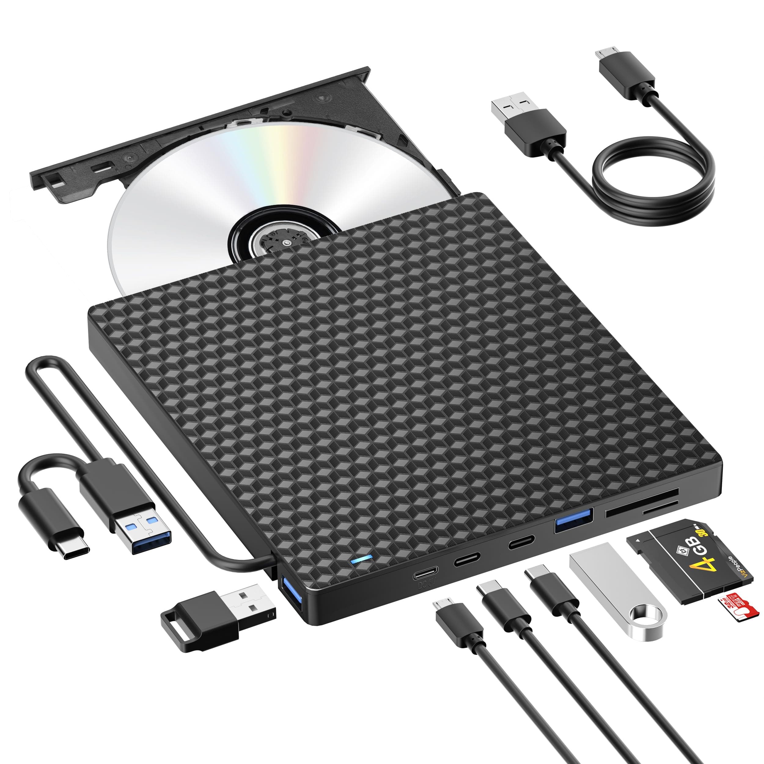 Reproductor y Grabador Externo de CD/DVD 8 en 1. Hub USB Multi-Puerto + Lector de Tarjetas Integrado | Plug & Play