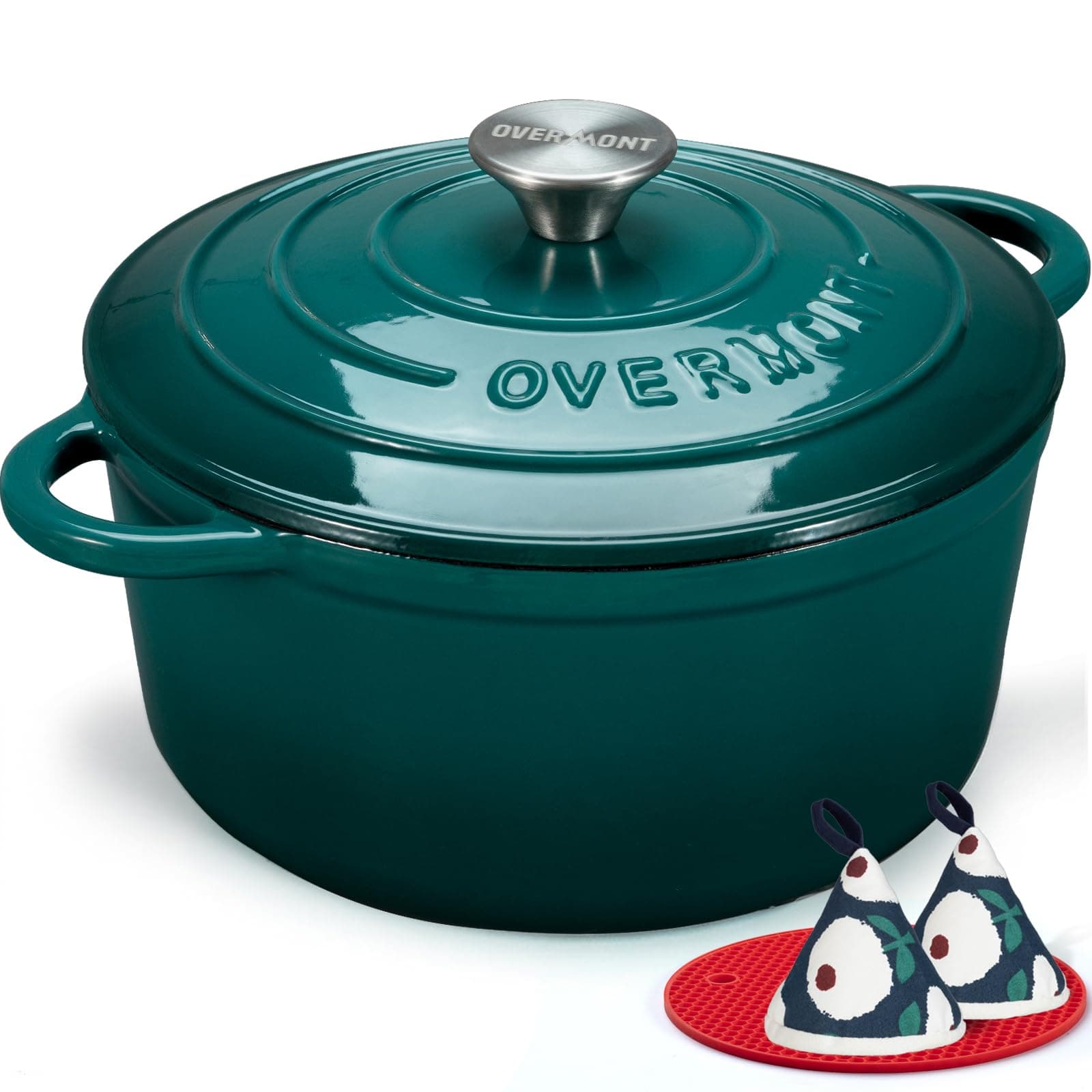 Olla Hierro Fundido Overmont 28cm Azul Lago (cocotte esmaltada antiadherente con tapa, apta inducción/horno, guisos, pan, asados)