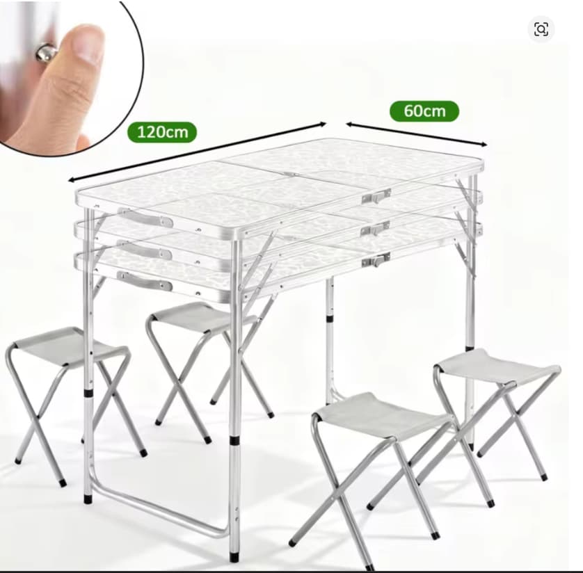 Mesa de Camping Plegable Tipo Maletín | Juego de Mesa y 4 Taburetes | Altura Regulable | Set Portátil para Picnic, BBQ y Jardín