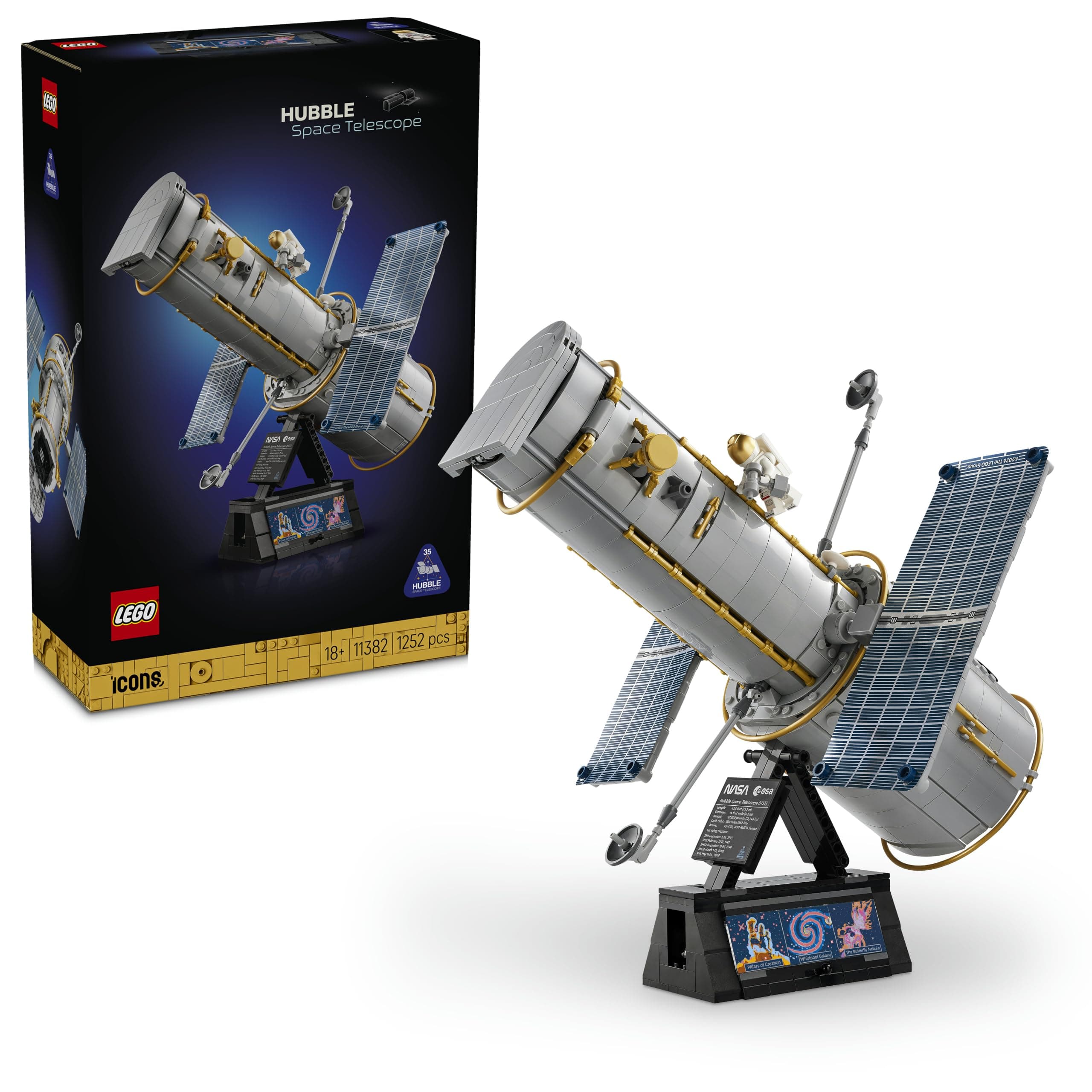 Set LEGO Icons Telescopio Hubble 11382 (1252 piezas, maqueta STEM 3D para adultos, paneles solares, minifigura astronauta, en Amazon)