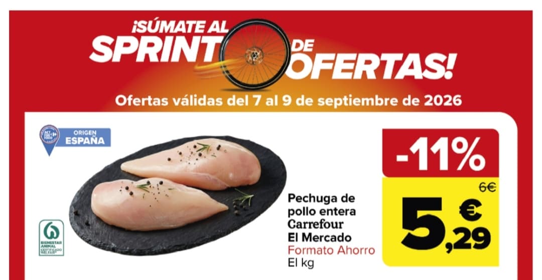 Pechuga de pollo entera a 5,29 €/kg (formato ahorro) en Carrefour