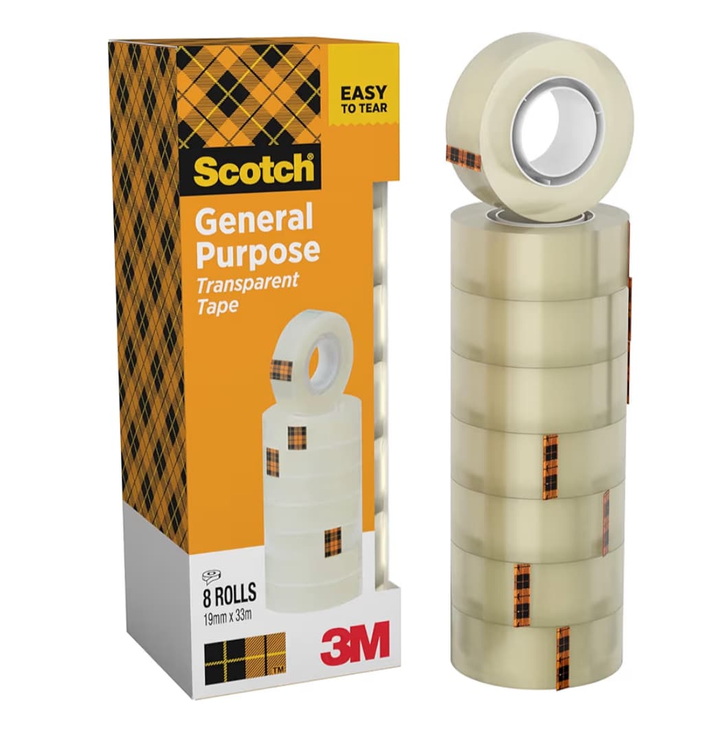 Scotch Cinta Adhesiva Transparente - 8 rollos - 19mm x 33m - Cinta Adhesiva para Uso General para el Colegio, el Hogar y la Oficina
