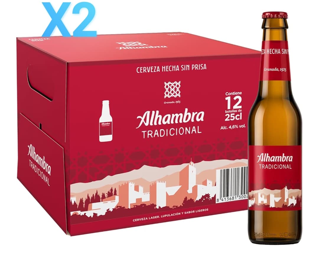 Alhambra Tradicional, Cerveza Lager Suave, Pack 12 Botellas x 25cl(2 PACKS)