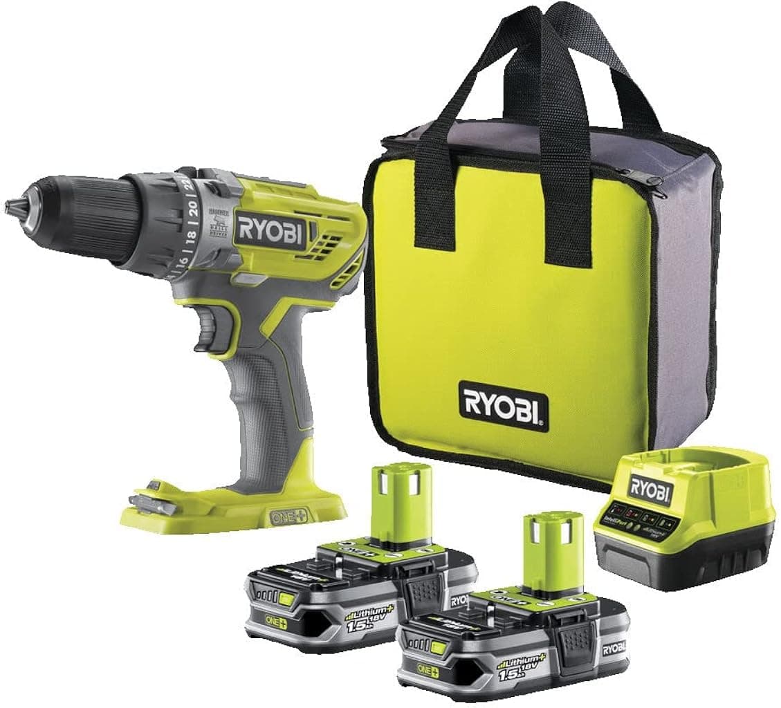 RYOBI Taladro Percutor Atornillador Inalámbrico 18V ONE+ con 2 Baterías de 1,5 Ah y Cargador