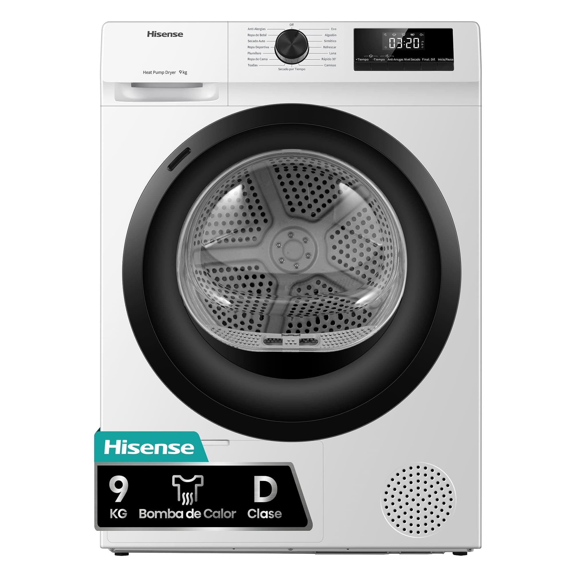 Hisense DHQE900UWDC - Secadora bomba de calor, capacidad 9 Kg, Clase D, secado rápido 30