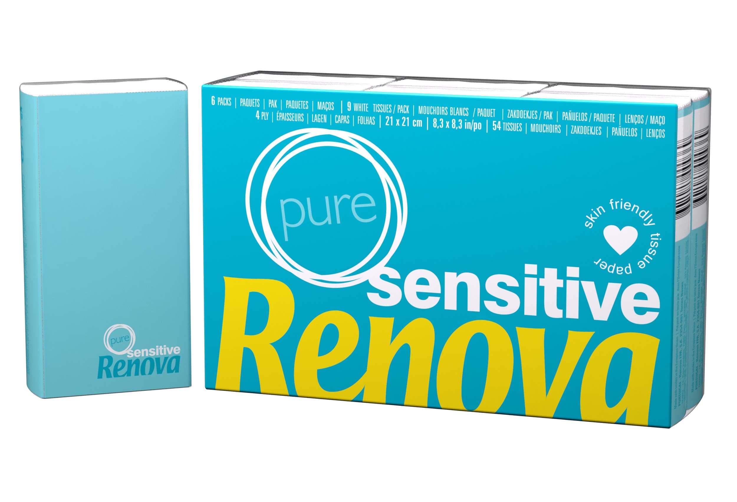 RENOVA Pañuelos de Bolsillo Sensitive Pure, 4 Capas 6 paquetes de 9 pañuelos, 4 capas, papel blanco, sin perfume, extrasuaves, 21 x 21 cm