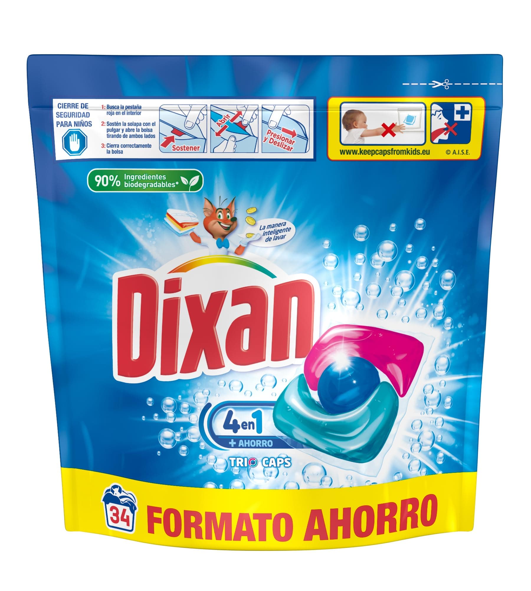 Cápsulas Dixan Trio Total+ 4 en 1 (34 x 12), Cápsulas de detergente para ropa clara y blanca 34 lavados