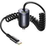 Cargador coche - Baseus Tiny Star Mini, 30W, Tipo-C, Carga rápida, Con cable rizado incorporado, Multidispositivo, Universal, Negro Cosmic