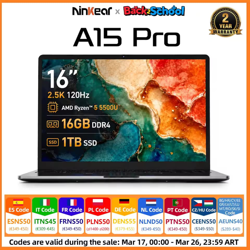 Portátil Ninkear A15 Pro, 16" 2.5K 120Hz, Ryzen 5 5500U, 16GB DDR4, 1TB SSD, WiFi 6, huella, teclado retroiluminado, W11
