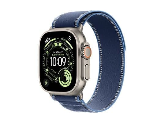 Apple Watch Ultra 3 (2025), GPS+CEL, 49 mm, Caja de Titanio Natural, Correa Trail Loop Azul brillante, M/L, Calidad del sueño, Via satélite