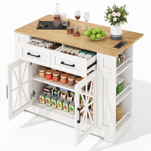 Mueble Auxiliar De Cocina 120cm, Isla De Cocina Con Ruedas Y Carrito De Cocina Con Mesa Plegable, Enchufes,
