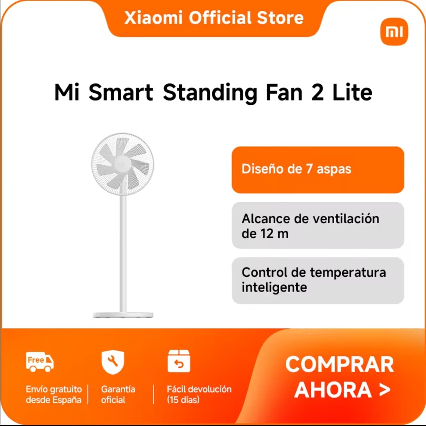 Official Mi Smart Standing Fan 2 Lite, Doble uso: sobremesa o suelo, Controla y disfruta la brisa, Altura ajustable Flujo de aire potente