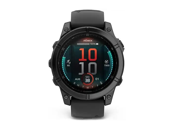 Reloj Garmin Fenix E Acero Gris 47mm (pantalla AMOLED 1.3", batería 16 días, GPS multideporte, Garmin Pay, métricas salud, correa negra)