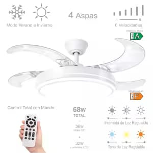 Ventilador de Techo Led 90W a 66W, Regulable en Intensidad y en Tono de Luz de Fria a Cálida, 4 Aspas Retráctiles, Mando a Distancia y APP