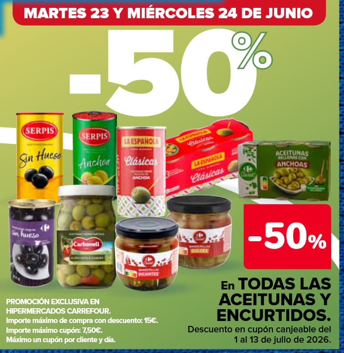 50% de regalo en cupón todas las aceitunas y encurtidos 23 y 24 de junio + seguna unidad al 50% La Española