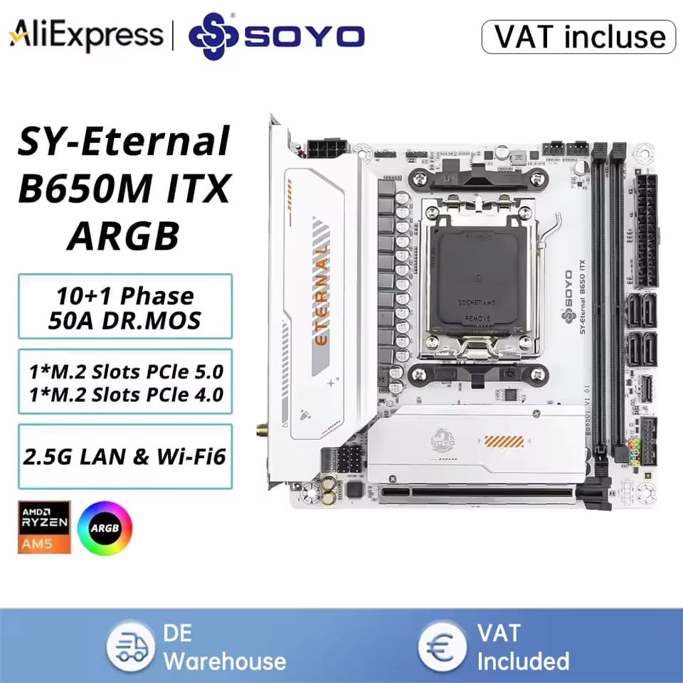 Placa Base AMD AM5 ITX SOYO B650M WiFi+BT, 10+1 fases, 2 nvme, PCIe 4.0